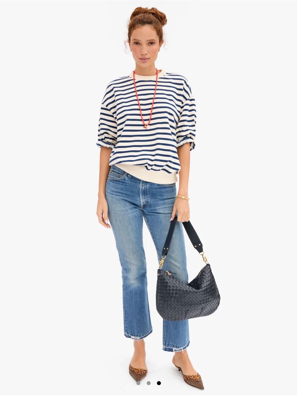 Striped Puff-Sleeve Sweatshirt - White & Navy - Picture 3 of 6